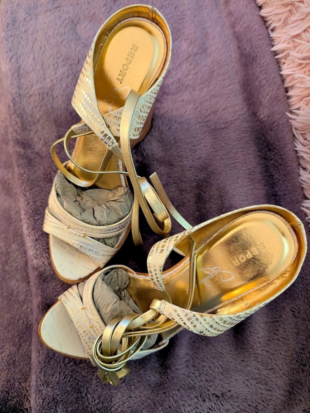 Report Signature Leather Tie up Platform Wedge Sandals in Gold & White